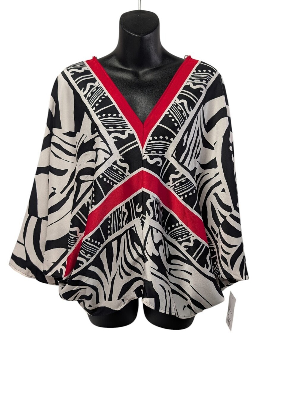 Nine West Women's Size L Black White Red Abstract Print Top Blouse V-neck NWT